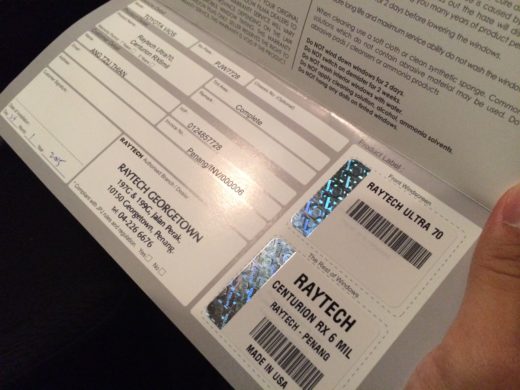 Raytech Warranty Card with hologram for the type of tint films