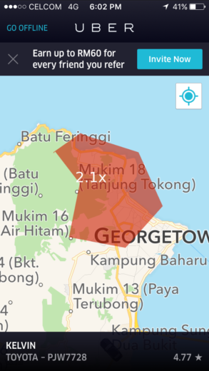 Surge Area in Penang on Uber Partner App
