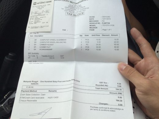 Toyo Tyre Rawang Receipt for Adjustable Camber Bolts